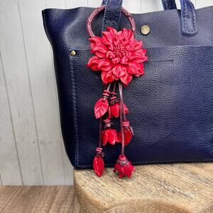 Flower Genuine Leather Bag Charm Red Dahlia Leather Purse Crossbody Keychain